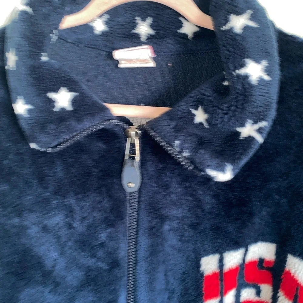 Vintage USA Logo Flag Patriotic Fleece Red White Blue Zip Up Graphic Jacket L